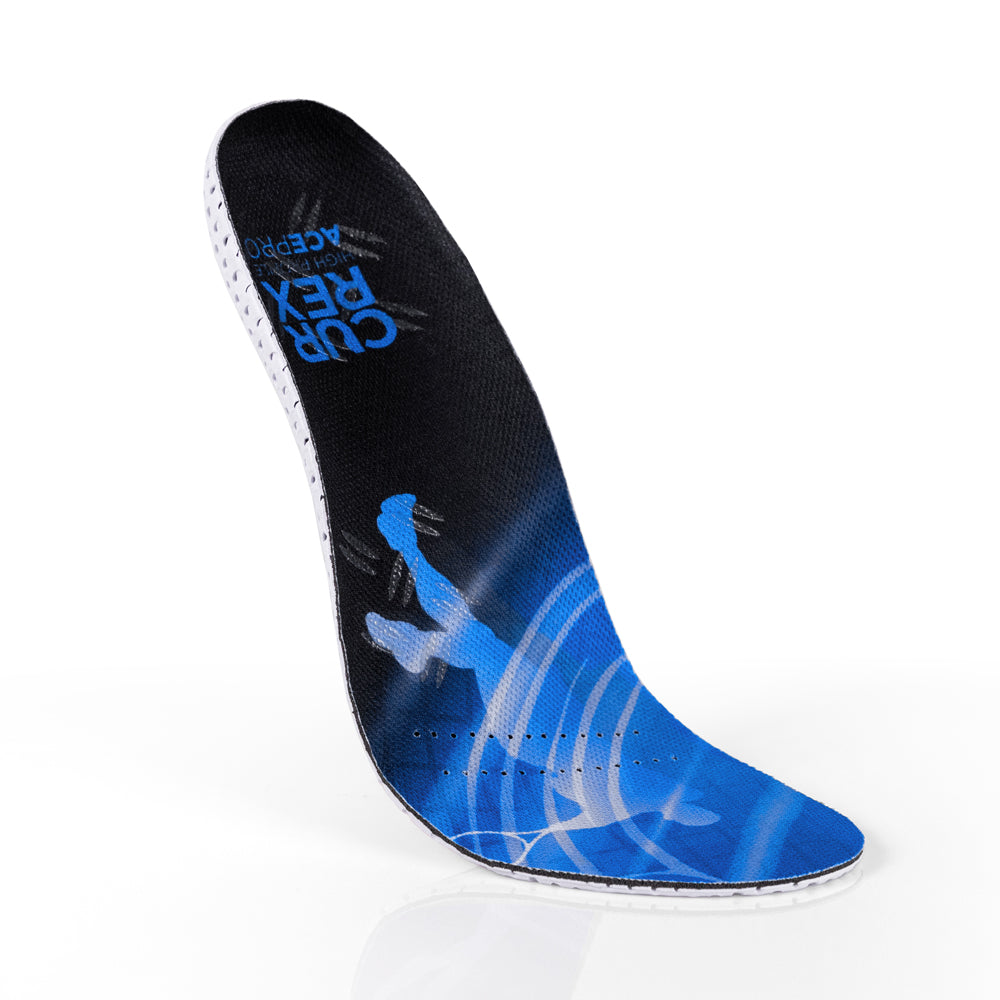 Vue supérieure flottante des semelles ACEPRO haut profil de couleur bleue avec base blanche, orange et bleue #1-choisissez-votre-profil_haut
