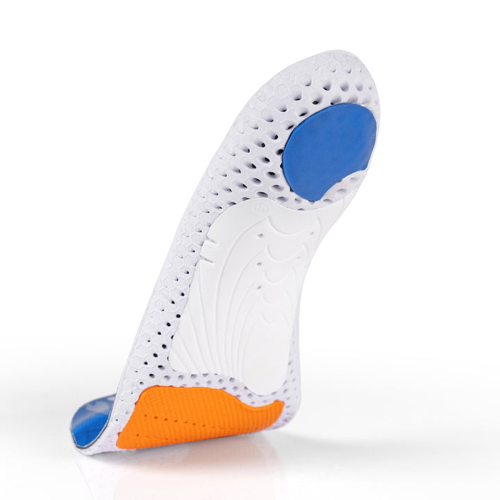 Vue de la base flottante de la semelle ACEPRO à profil haut avec support d'archaïsme blanc, coussinet de talon bleu, coussinet d'amorti orange pour l'avant-pied, base blanche, orange et bleue #1-choisir-son-profil_haut
