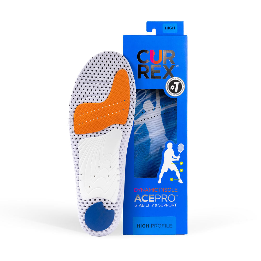 Semelle CURREX ACEPRO avec base blanche, orange et bleue à côté d'une boîte noire avec semelle bleue à l'intérieur #1-choisir-son-profil_high