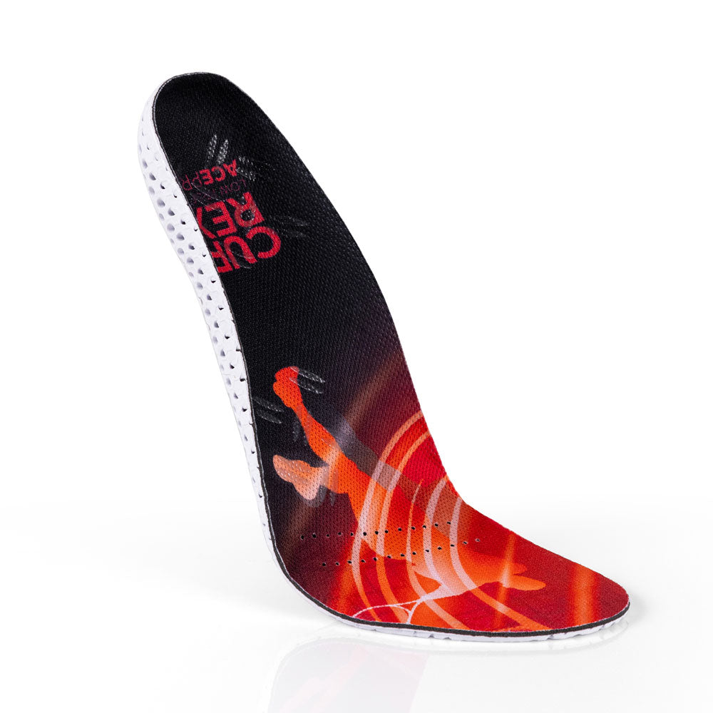 Vue de dessus flottante des semelles ACEPRO à profil bas de couleur rouge avec base blanche, orange et bleue #1-choisissez-votre-profil_low