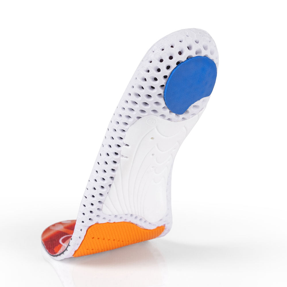 Vue de la base flottante de la semelle ACEPRO à profil bas avec support d'archaïsme blanc, coussinet de talon bleu, coussinet d'amorti orange pour l'avant-pied, base blanche, orange et bleue #1-choisir-son-profil_low