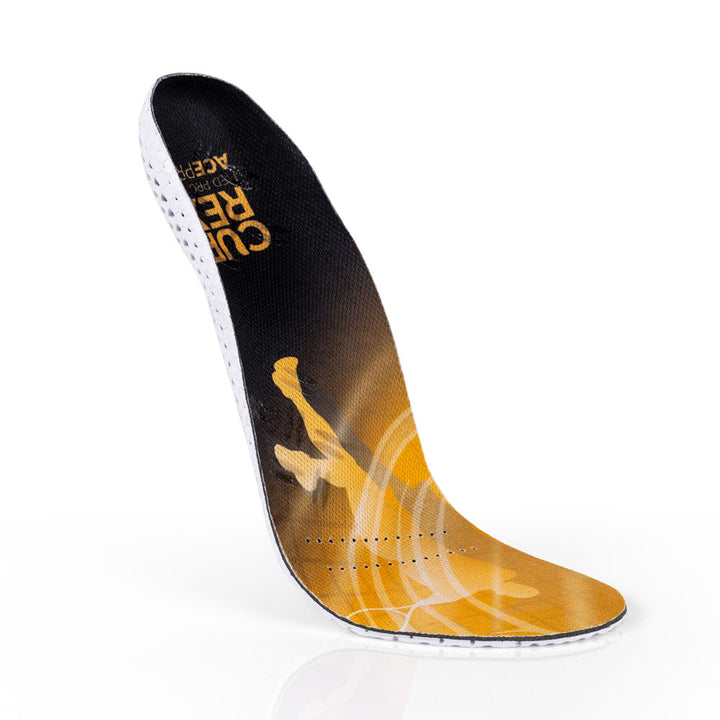 Vue de dessus flottante des semelles ACEPRO à profil moyen de couleur jaune avec base blanche, orange et bleue #1-choisir-son-profil_med