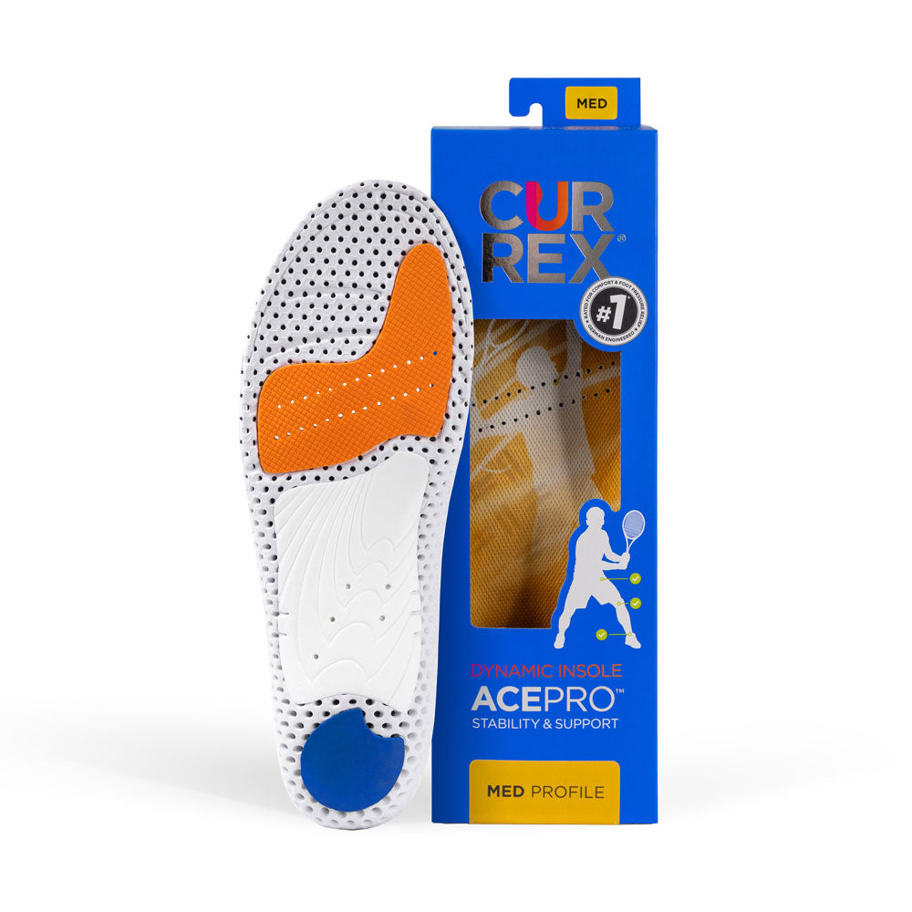 Semelle CURREX ACEPRO avec base blanche, orange et bleue à côté d'une boîte noire avec semelle jaune à l'intérieur #1-choisir-son-profil_med
