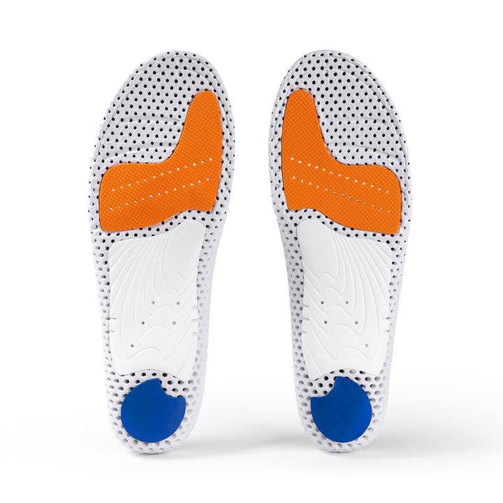 Vue de la base de la paire de semelles ACEPRO profil moyen avec support d'archaïsme blanc, coussinet de talon bleu, coussinet d'amorti orange pour l'avant-pied, base blanche, orange et bleue #1-choix-de-ton-profil_med