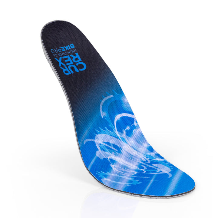 Vue supérieure flottante des semelles BIKEPRO à profil haut de couleur bleue avec base grise, rouge et noire #1-choisir-son-profil_haut