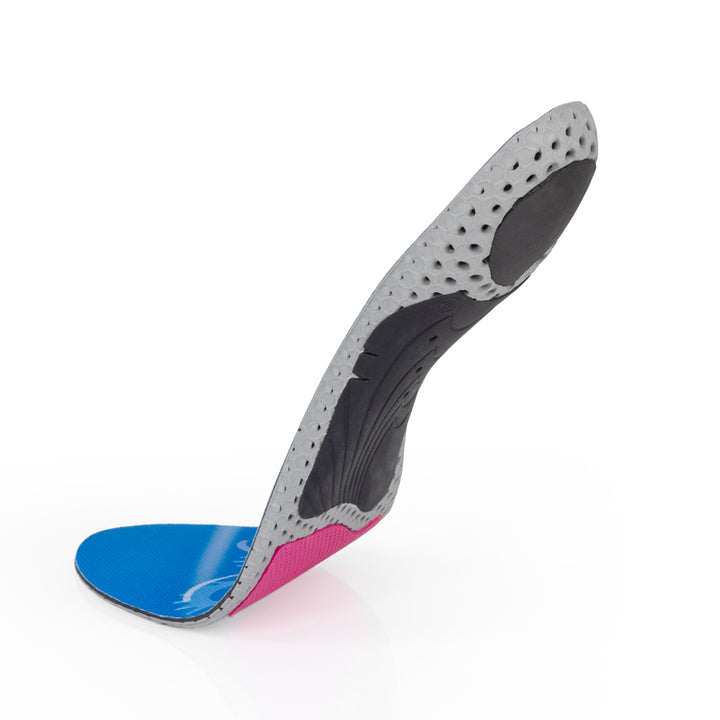 Vue de la base flottante des semelles BIKEPRO à profil haut avec support d'arche noir, coussinet de talon noir, coussinet d'amortisseur d'avant-pied rouge, base grise, rouge et noire #1-choix-de-ton-profil_haut
