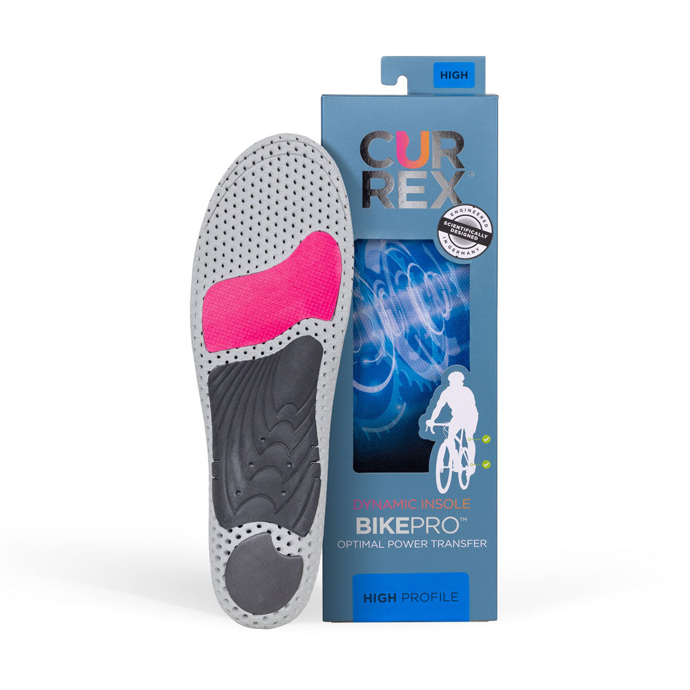 Semelle CURREX BIKEPRO avec base grise, rouge et noire à côté de la boîte bleue avec semelle bleue à l'intérieur #1-choisir-son-profil_high