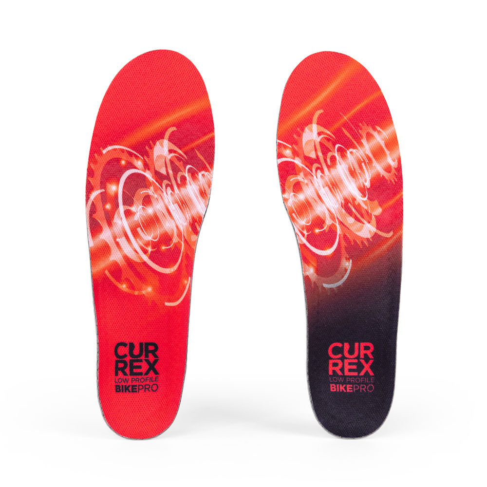 Vue de dessus de la paire de semelles BIKEPRO à profil bas de couleur rouge #1-choix-de-ton-profil_low