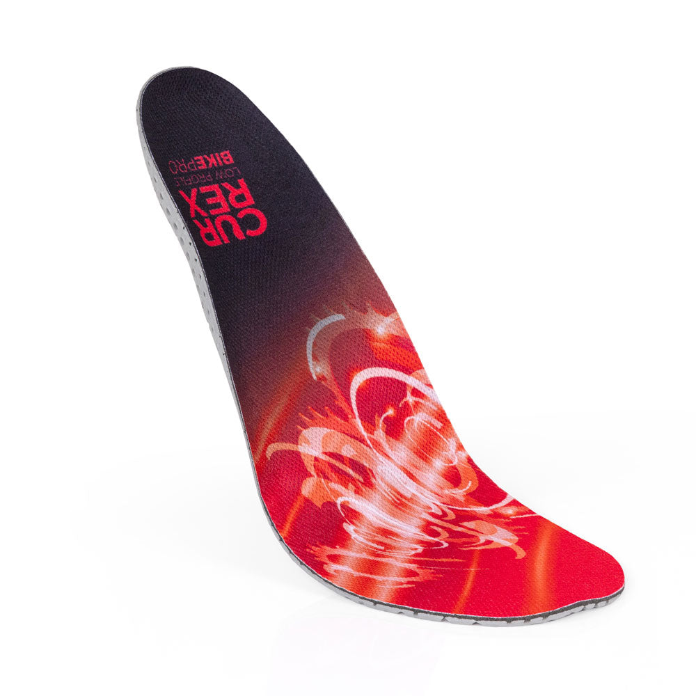 Vue supérieure flottante des semelles BIKEPRO à profil bas de couleur rouge avec base grise, rouge et noire #1-choisir-son-profil_low