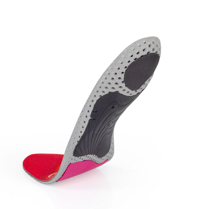 Vue de la base flottante des semelles BIKEPRO à profil bas avec support d'archaïsme noir, coussinet de talon noir, coussinet d'amortisseur d'avant-pied rouge, base grise, rouge et noire #1-choix-de-ton-profil_low