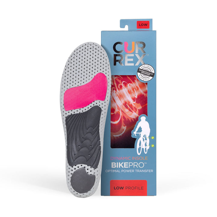 Semelle CURREX BIKEPRO avec base grise, rouge et noire à côté de la boîte bleue avec semelle rouge à l'intérieur #1-choisir-son-profil_low
