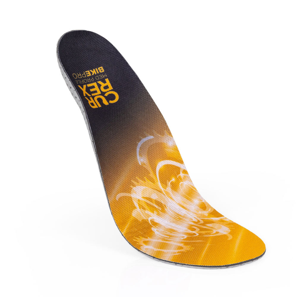 Vue de dessus flottante des semelles BIKEPRO à profil moyen de couleur jaune avec base grise, rouge et noire #1-wahle-dein-profil_med