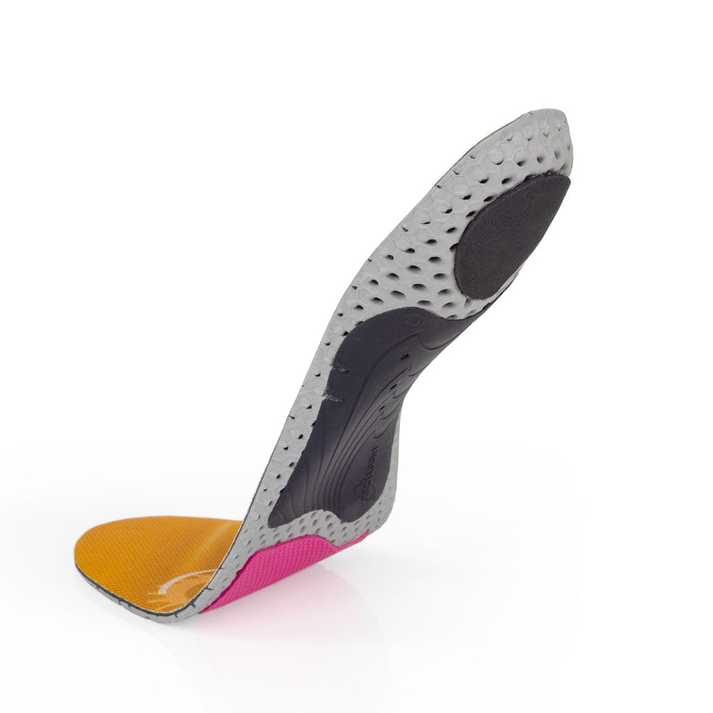 Vue de la base flottante de la semelle BIKEPRO à profil moyen avec support d'archaïsme noir, coussinet de talon noir, coussinet d'amortisseur d'avant-pied rouge, base grise, rouge et noire #1-choix-de-ton-profil_med