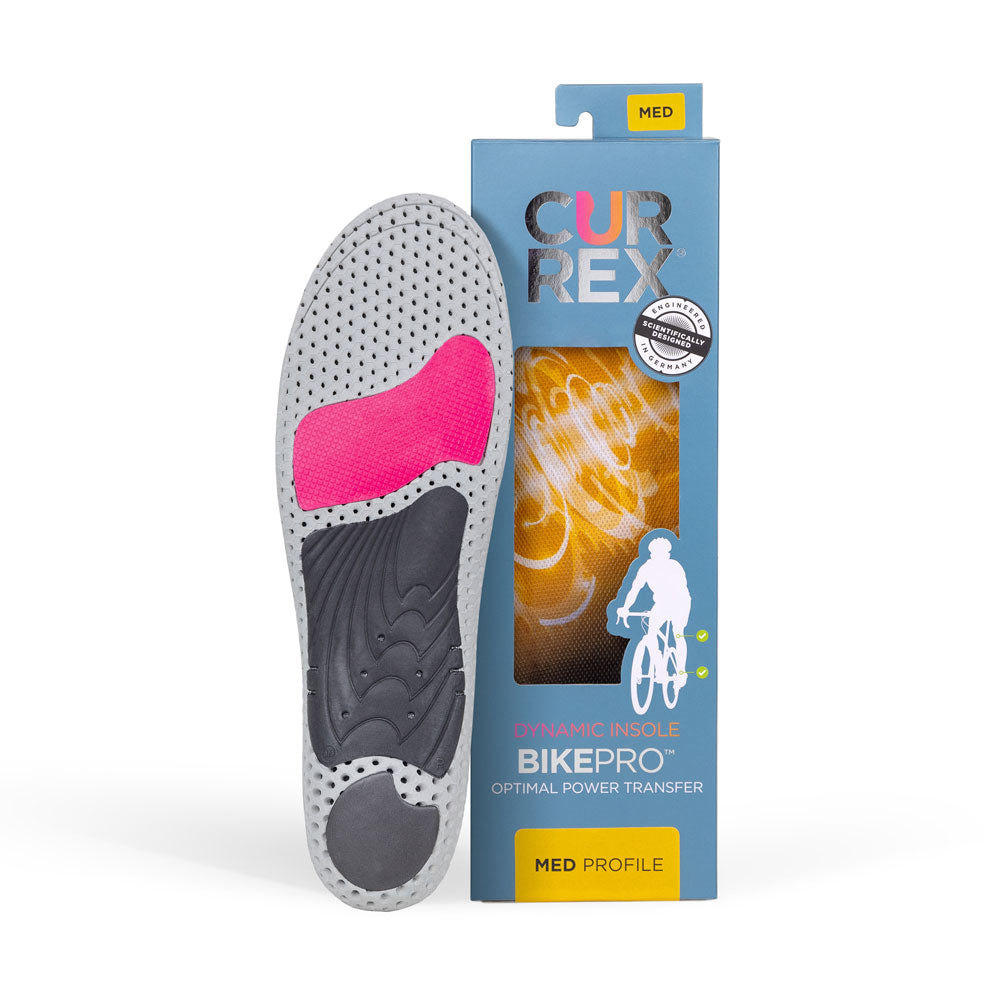 Semelle CURREX BIKEPRO avec base grise, rouge et noire à côté de la boîte bleue avec semelle jaune à l'intérieur #1-choisir-son-profil_med