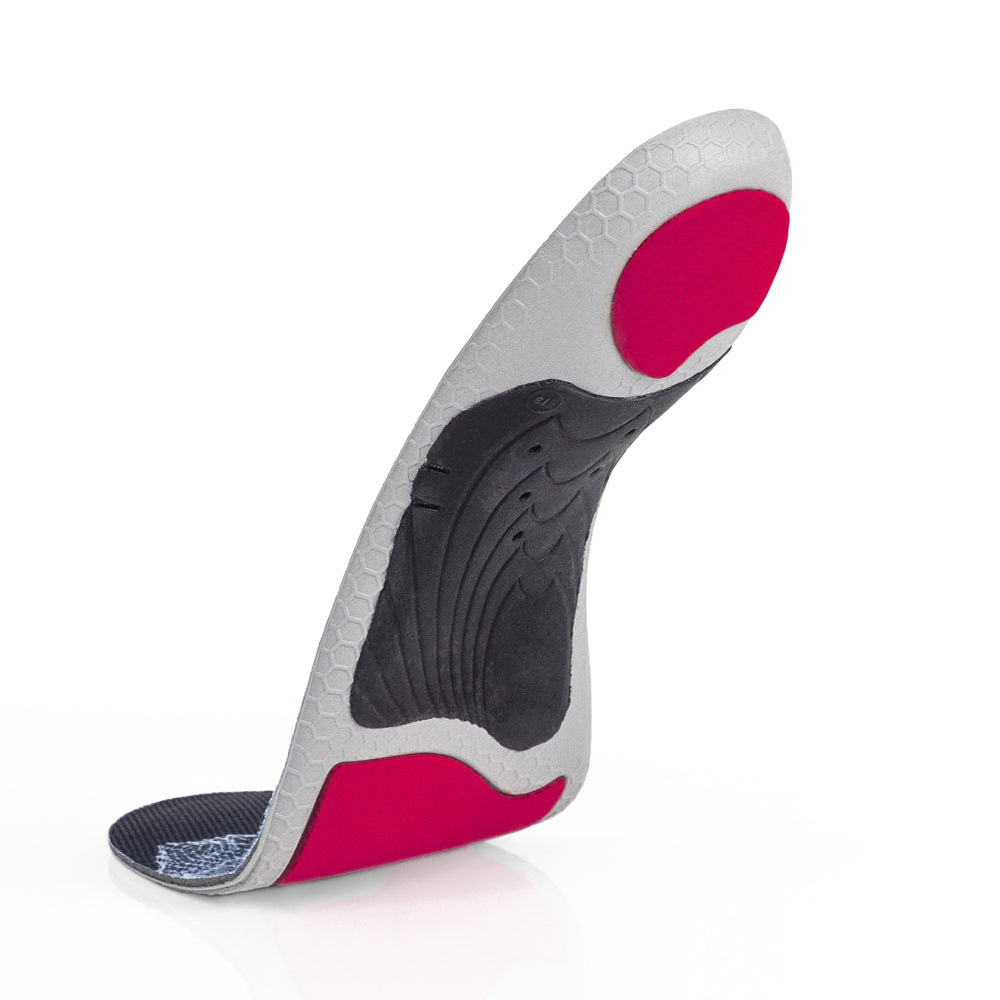 Vue de la base flottante de la semelle EDGEPRO à profil haut avec support d'arche noir, coussinet de talon rouge, coussinet d'amortisseur d'avant-pied rouge, base grise, rouge et noire #1-choisir-son-profil_haut