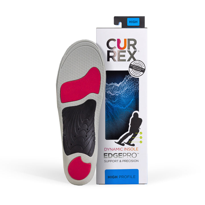Semelle CURREX EDGEPRO avec base grise, rouge et noire à côté d'une boîte blanche avec semelle bleue à l'intérieur #1-choisir-son-profil_high
