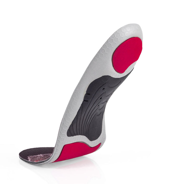 Vue de la base flottante de la semelle basse EDGEPRO avec support d'arche noir, coussinet de talon rouge, coussinet d'amortisseur d'avant-pied rouge, base grise, rouge et noire #1-choix-de-ton-profil_low