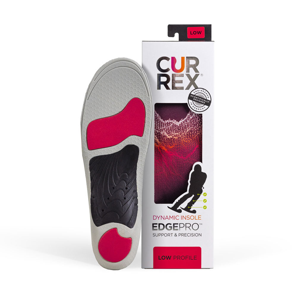 Semelle CURREX EDGEPRO avec base grise, rouge et noire à côté d'une boîte blanche avec semelle rouge à l'intérieur #1-choisir-son-profil_low