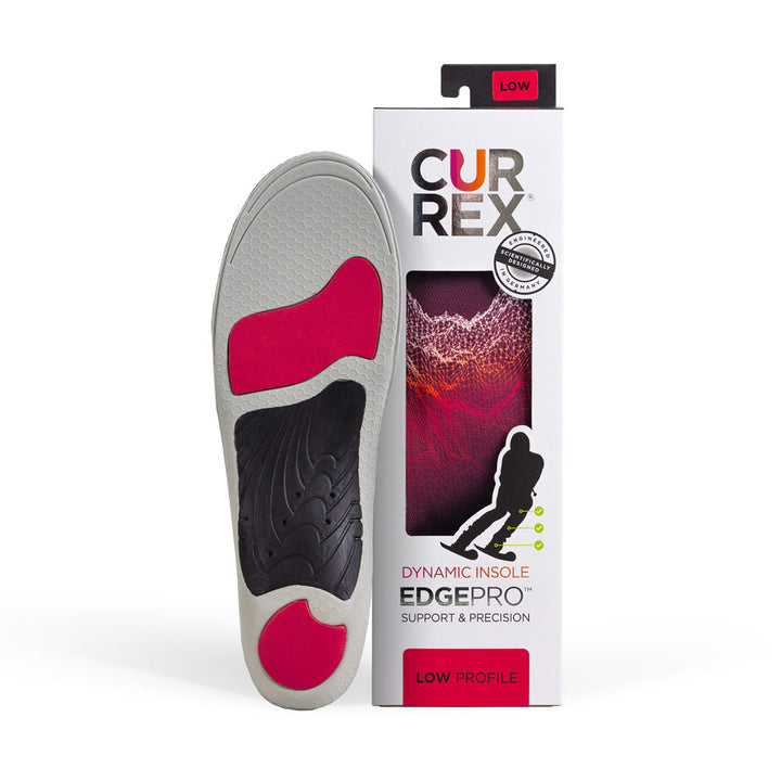 Semelle CURREX EDGEPRO avec base grise, rouge et noire à côté d'une boîte blanche avec semelle rouge à l'intérieur #1-choisir-son-profil_low