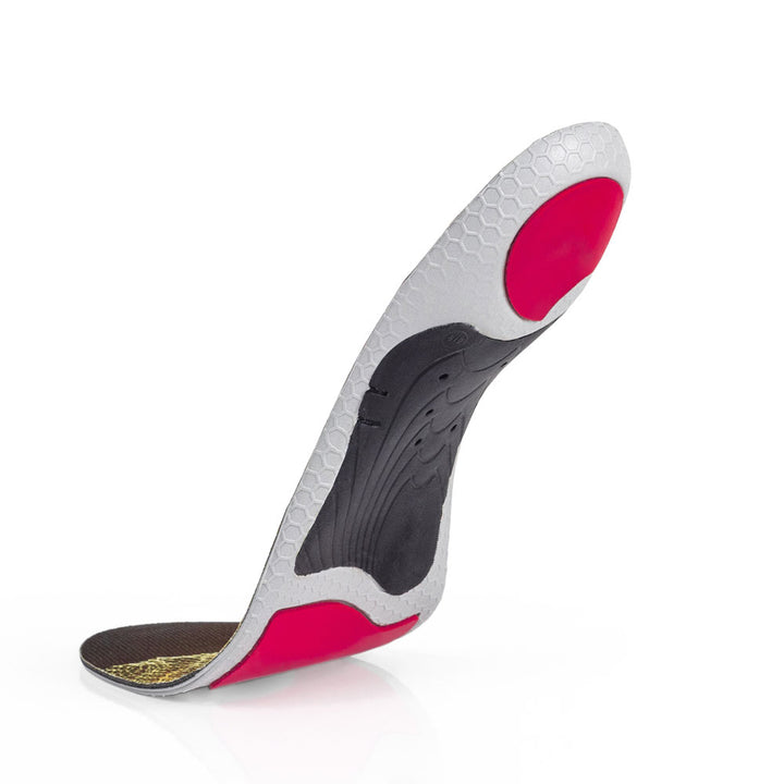 Vue de la base flottante de la semelle EDGEPRO profil moyen avec support d'archaïsme noir, coussinet de talon rouge, coussinet d'amorti d'avant-pied rouge, base grise, rouge et noire #1-choix-de-ton-profil_med