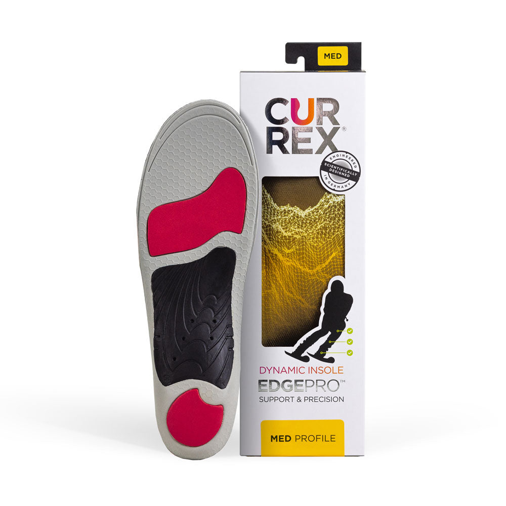 Semelle CURREX EDGEPRO avec base grise, rouge et noire à côté d'une boîte blanche avec semelle jaune à l'intérieur #1-choisir-son-profil_med