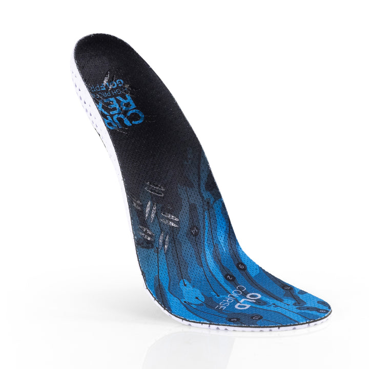 Vue supérieure flottante des semelles GOLFPRO haut profil de couleur bleue avec base blanche et noire #1-choisir-son-profil_haut