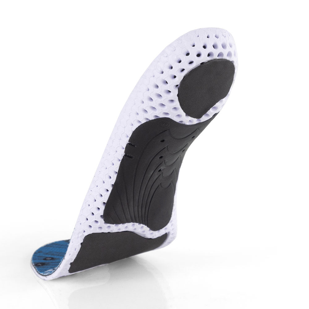 Vue de la base flottante des semelles GOLFPRO à profil haut avec support d'arche noir, coussinet de talon noir, coussinet d'amorti d'avant-pied noir, base blanche et noire #1-choix-de-ton-profil_haut