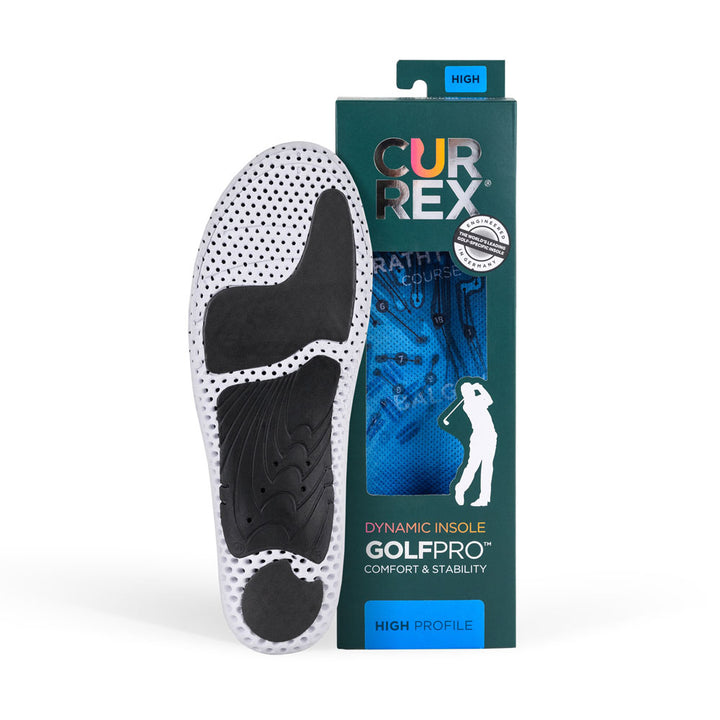 Semelle CURREX GOLFPRO avec base blanche et noire à côté de la boîte verte foncée avec semelle bleue à l'intérieur #1-choisir-son-profil_high