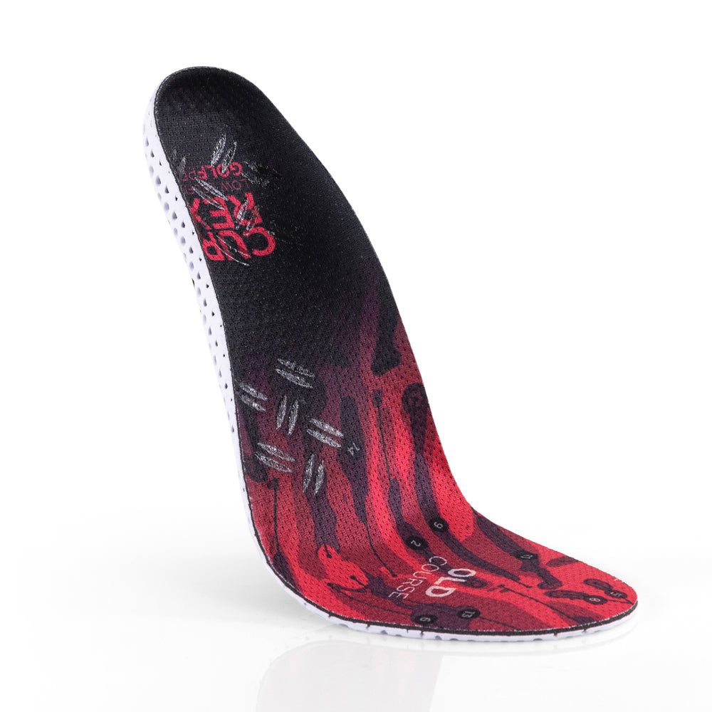 Vue supérieure flottante des semelles GOLFPRO low profile colorées en rouge avec base blanche et noire #1-choisir-son-profil_low