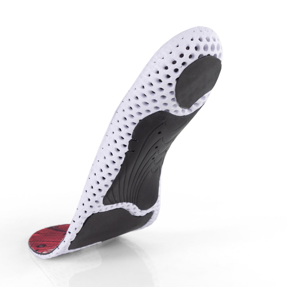 Vue de la base flottante des semelles GOLFPRO à profil bas avec support d'archaïsme noir, coussinet de talon noir, coussinet d'amorti d'avant-pied noir, base blanche et noire #1-choix-de-ton-profil_low
