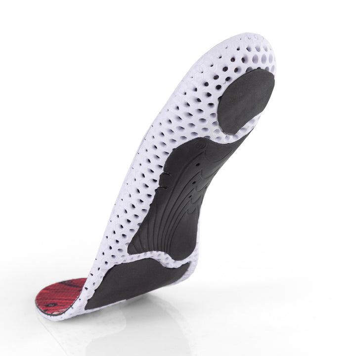 Vue de la base flottante des semelles GOLFPRO à profil bas avec support d'archaïsme noir, coussinet de talon noir, coussinet d'amorti d'avant-pied noir, base blanche et noire #1-choix-de-ton-profil_low