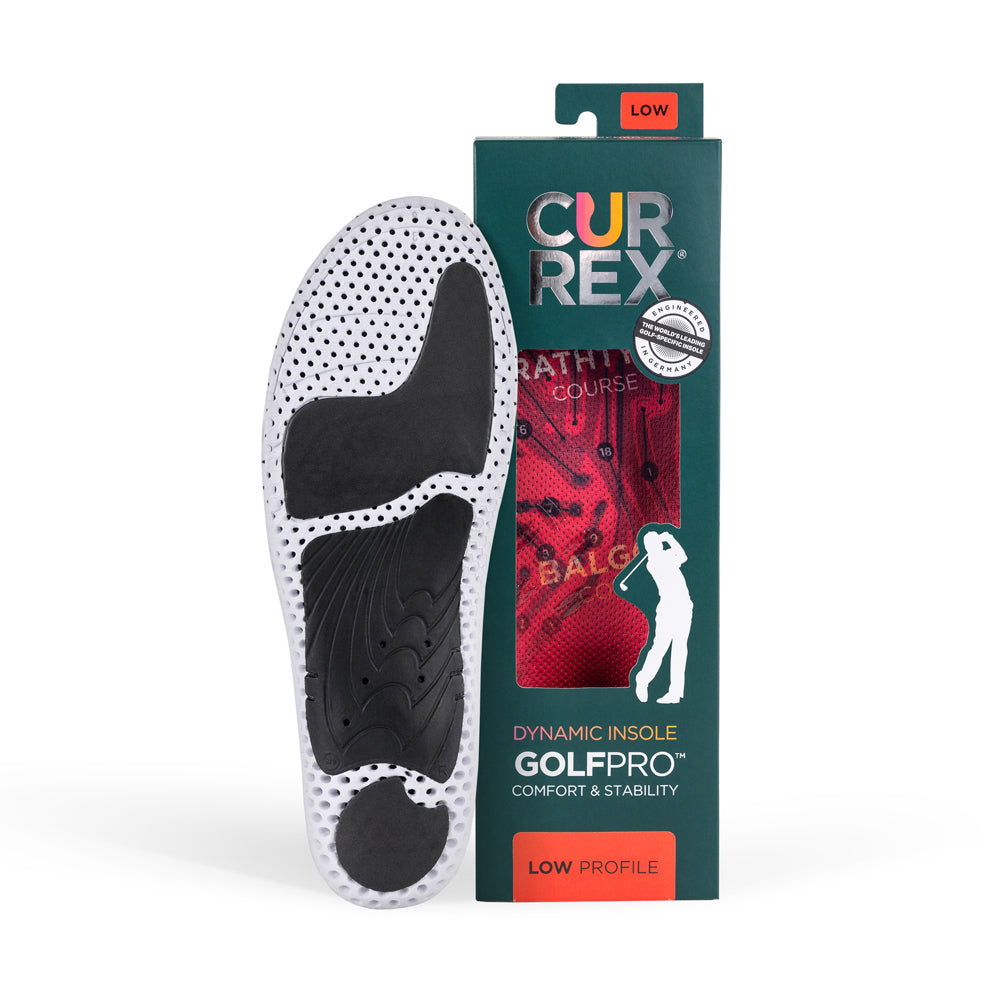 Semelle CURREX GOLFPRO avec base blanche et noire à côté d'une boîte verte foncée avec semelle rouge à l'intérieur #1-choisir-son-profil_low