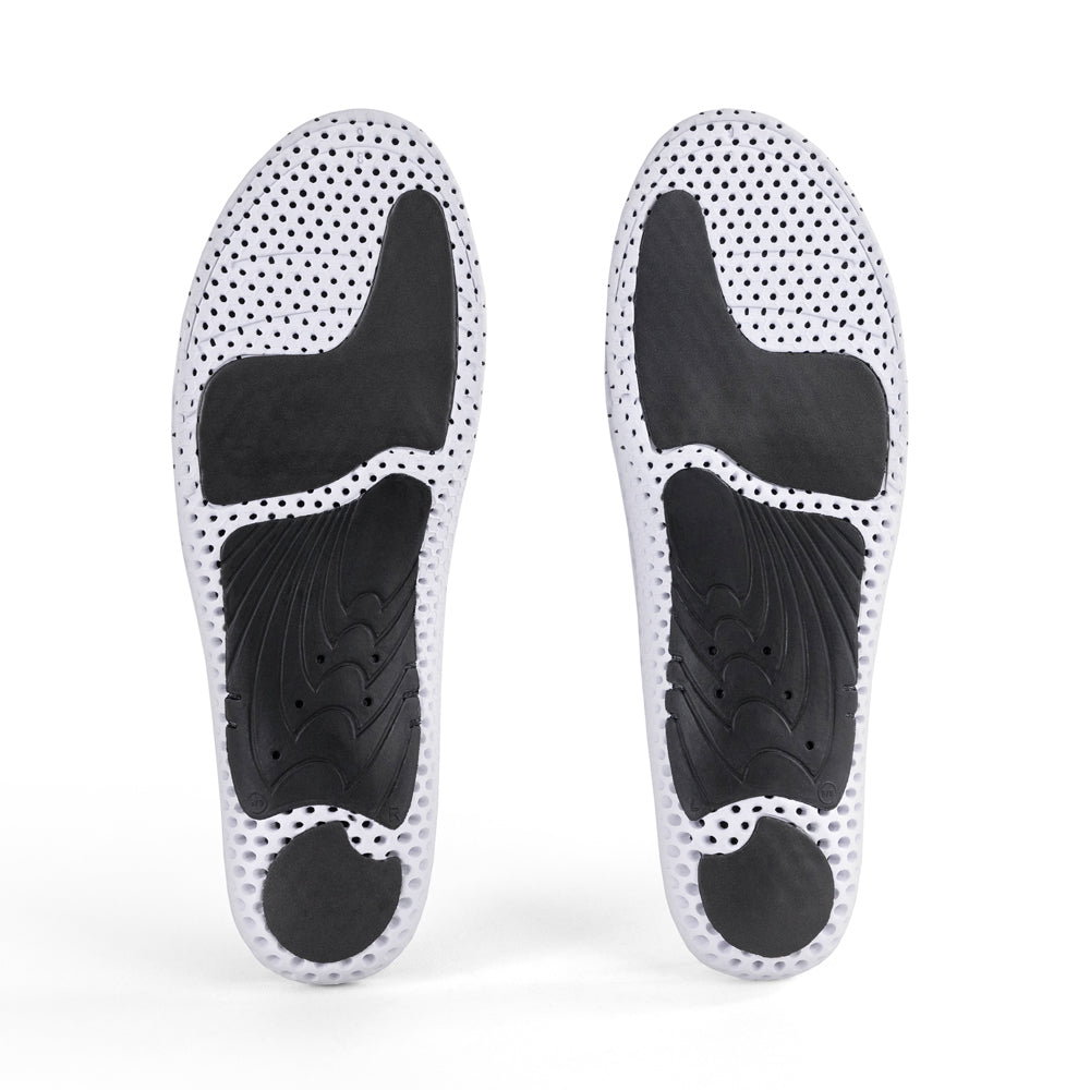 Vue de la base de la paire de semelles GOLFPRO profil moyen avec support d'articulation noir, coussinet de talon noir, coussinet d'amorti noir pour l'avant-pied, base blanche et noire #1-choix-devotre-profil_med