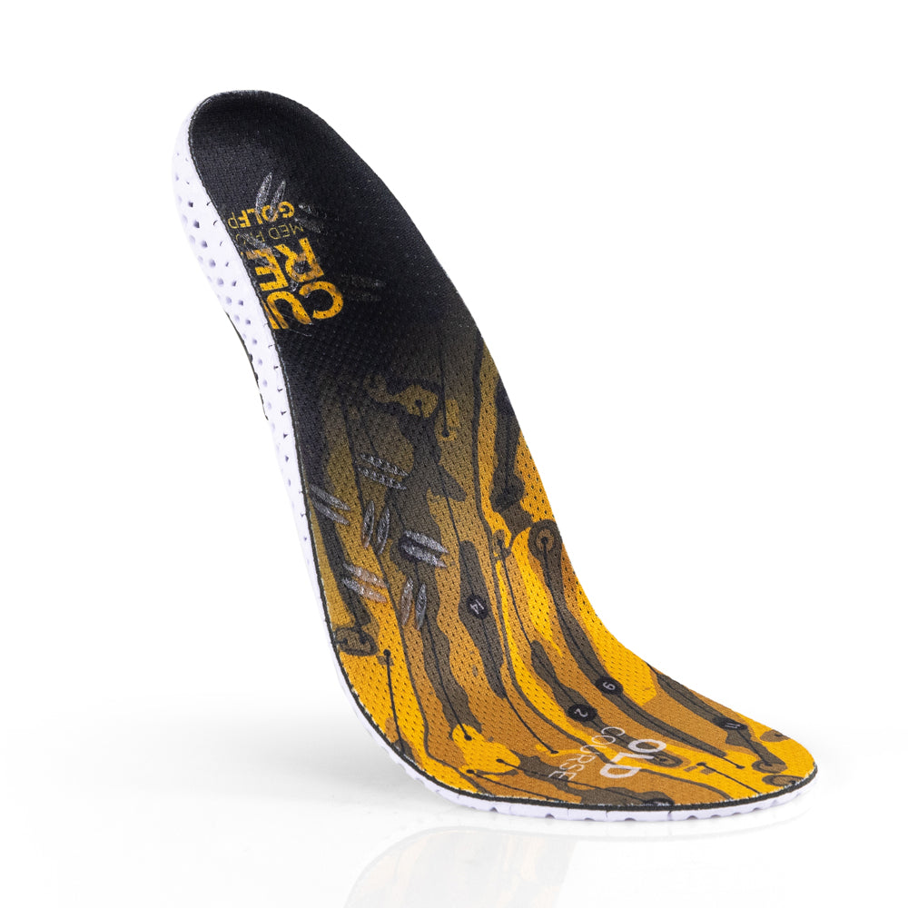 Vue de dessus flottante des semelles GOLFPRO à profil moyen de couleur jaune avec base blanche et noire #1-choisir-son-profil_med