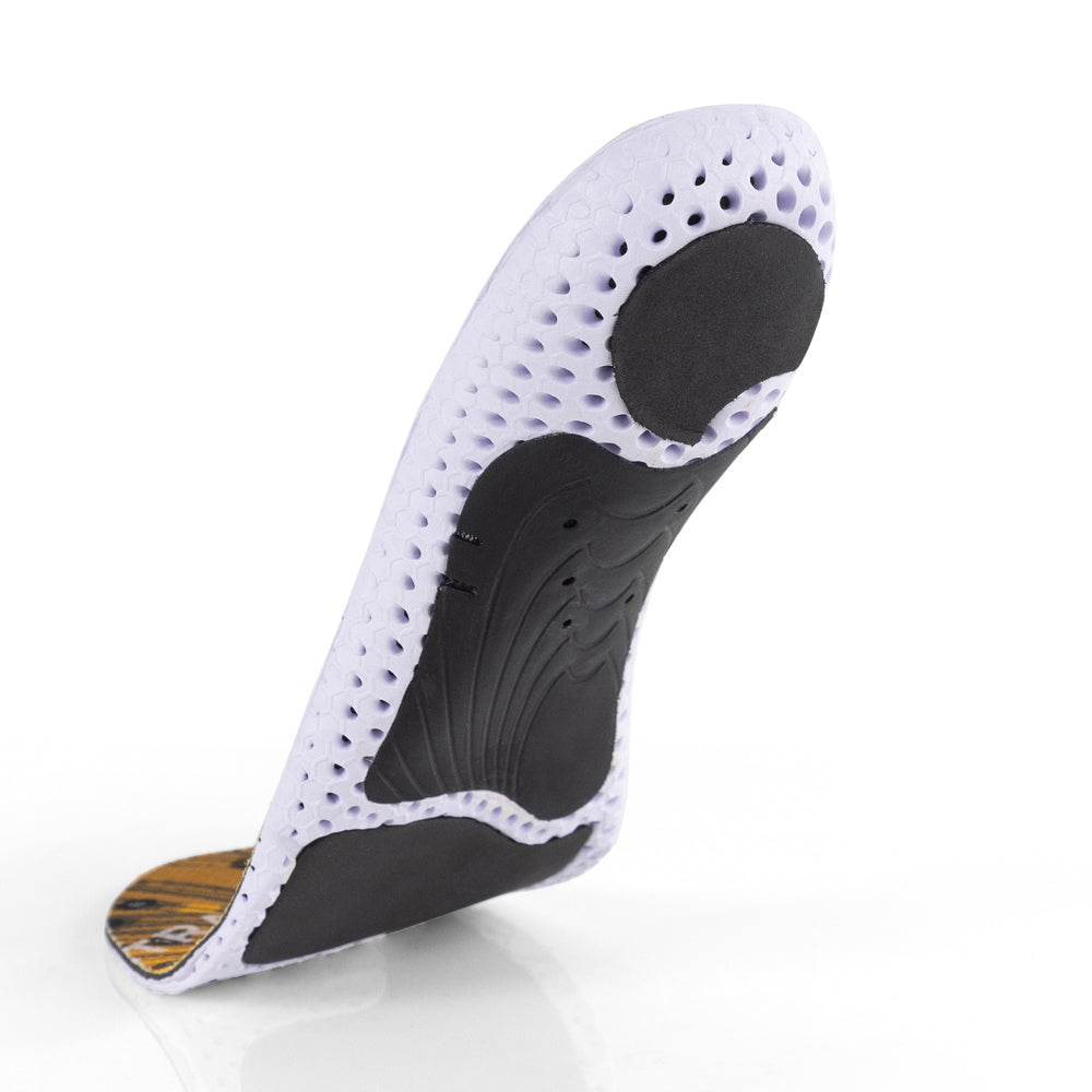 Vue de la base flottante des semelles GOLFPRO à profil moyen avec support d'arche noir, coussinet de talon noir, coussinet d'amorti d'avant-pied noir, base blanche et noire #1-choix-de-ton-profil_med