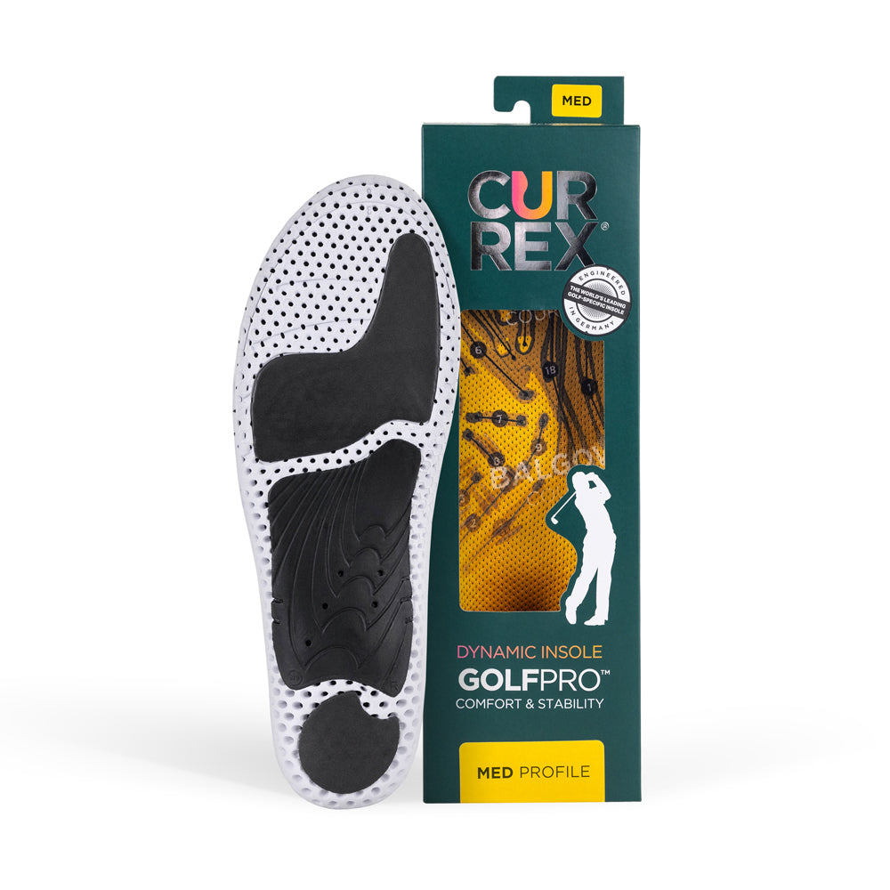 Semelle CURREX GOLFPRO avec base blanche et noire à côté d'une boîte verte foncée avec semelle jaune à l'intérieur #1-choisir-son-profil_med