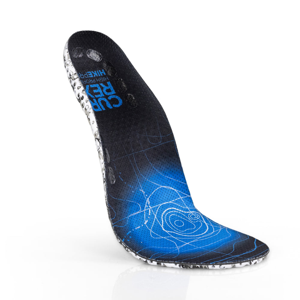 Vue de dessus flottante des semelles HIKEPRO à profil haut de couleur bleue avec base camo blanche et noire #1-choisissez-votre-profil_haut