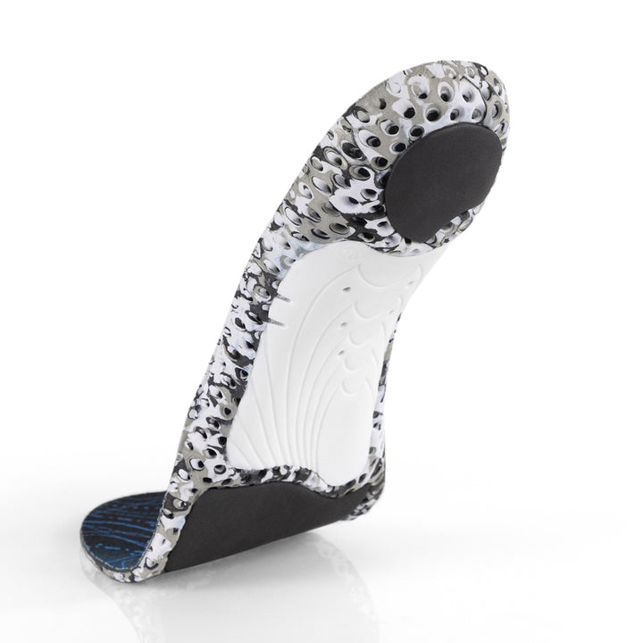 Vue de la base flottante des semelles HIKEPRO à profil haut avec support d'archaïsme blanc, coussinet de talon gris, coussinet d'amorti noir pour l'avant-pied, base camo blanche et noire #1-choix-de-ton-profil_haut