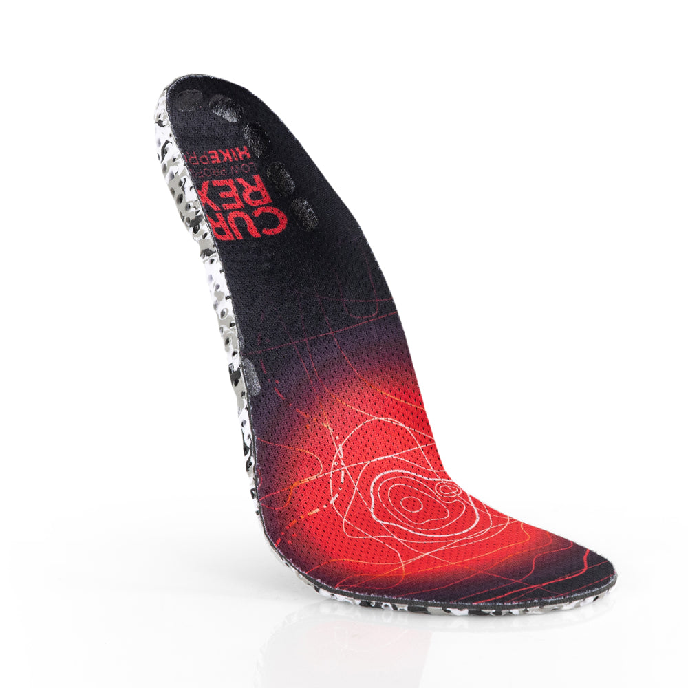 Vue de dessus flottante des semelles basses HIKEPRO colorées en rouge avec une base en camo blanc et noir #1-choisissez-votre-profil_low