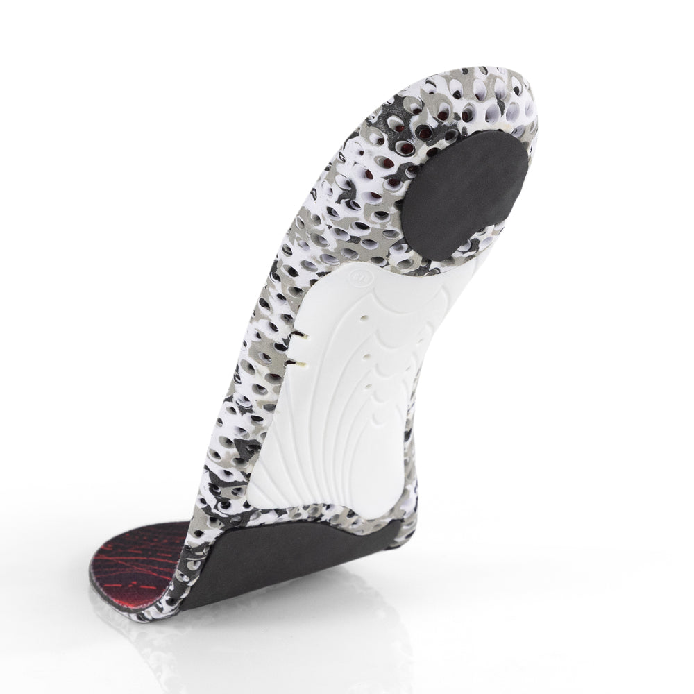 Vue de la base flottante de la semelle basse HIKEPRO avec support d'arche blanc, coussinet de talon gris, coussinet d'amorti noir pour l'avant-pied, base camo blanche et noire #1-choix-de-ton-profil_low