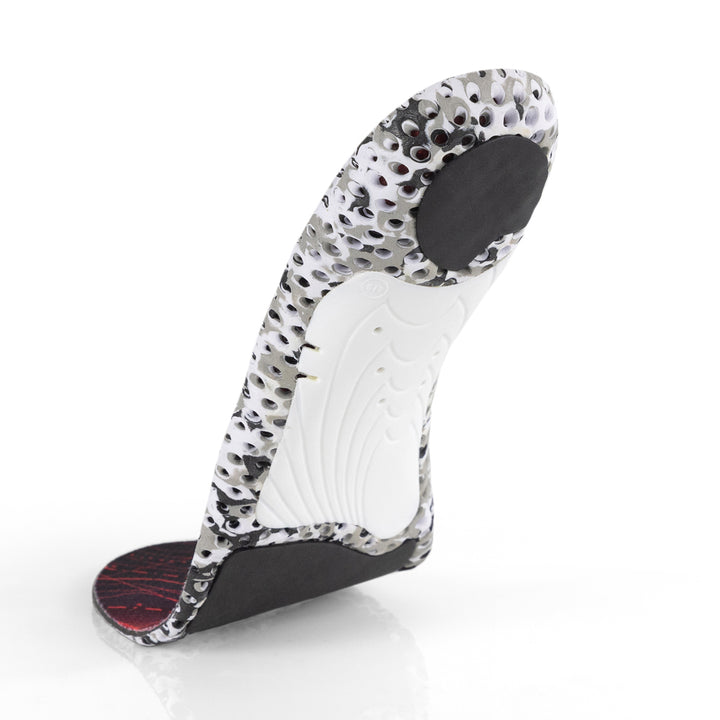 Vue de la base flottante de la semelle basse HIKEPRO avec support d'arche blanc, coussinet de talon gris, coussinet d'amorti noir pour l'avant-pied, base camo blanche et noire #1-choix-de-ton-profil_low