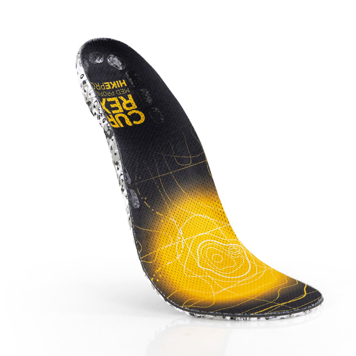Vue de dessus flottante des semelles HIKEPRO à profil moyen de couleur jaune avec base en camo blanc et noir #1-wahl-dein-profil_med