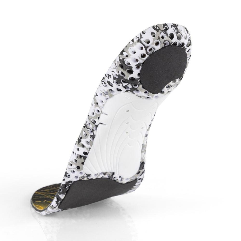 Vue de la base flottante de la semelle HIKEPRO profil moyen avec support d'archaïsme blanc, coussinet de talon gris, coussinet d'amorti noir pour l'avant-pied, base camo blanche et noire #1-choix-de-ton-profil_med