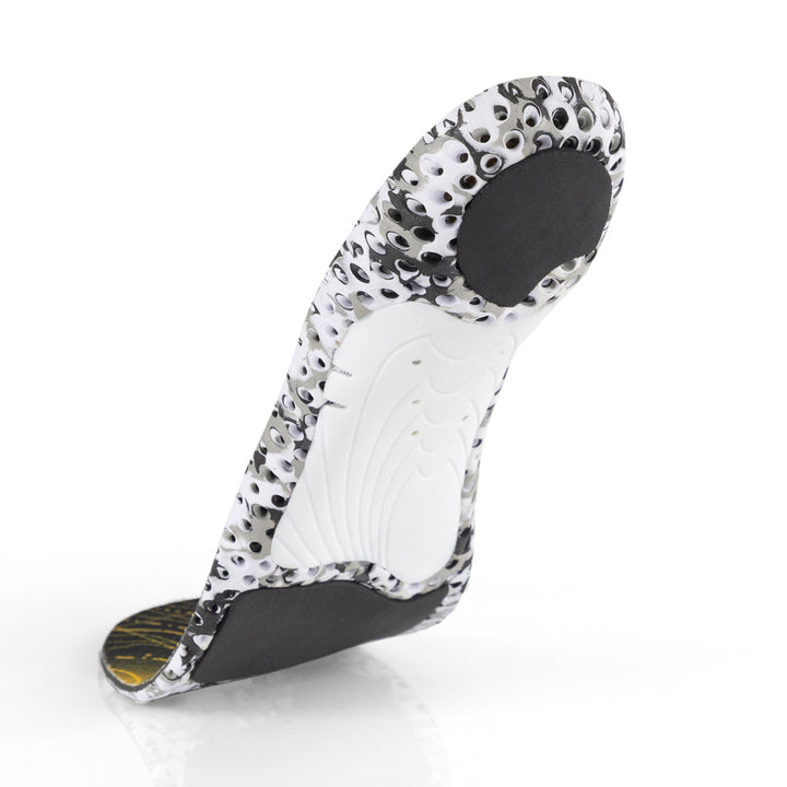 Vue de la base flottante de la semelle HIKEPRO profil moyen avec support d'archaïsme blanc, coussinet de talon gris, coussinet d'amorti noir pour l'avant-pied, base camo blanche et noire #1-choix-de-ton-profil_med