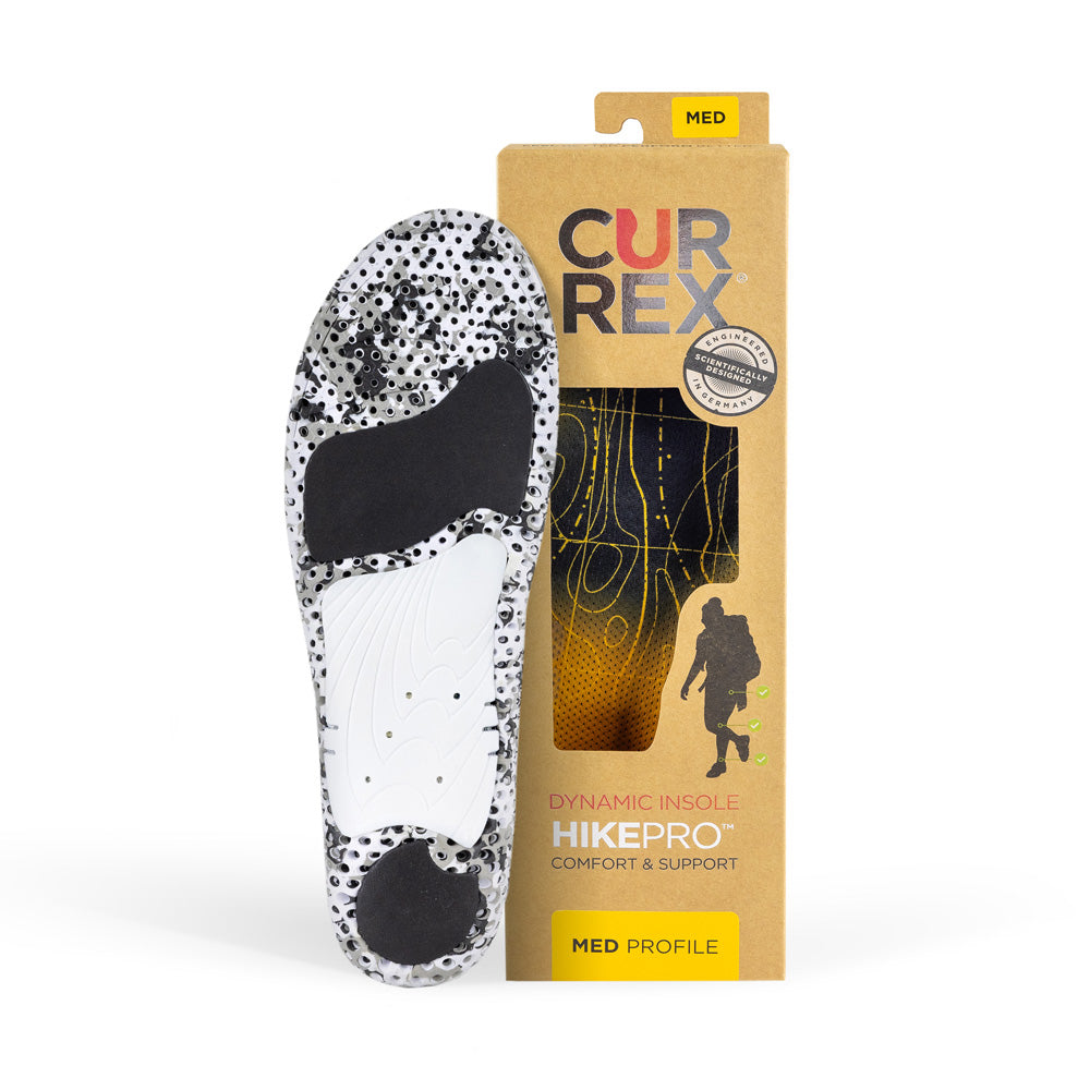 Semelle CURREX HIKEPRO avec base camo blanc et noir à côté de la boîte en havane avec semelle intérieure jaune #1-choisir-son-profil_med