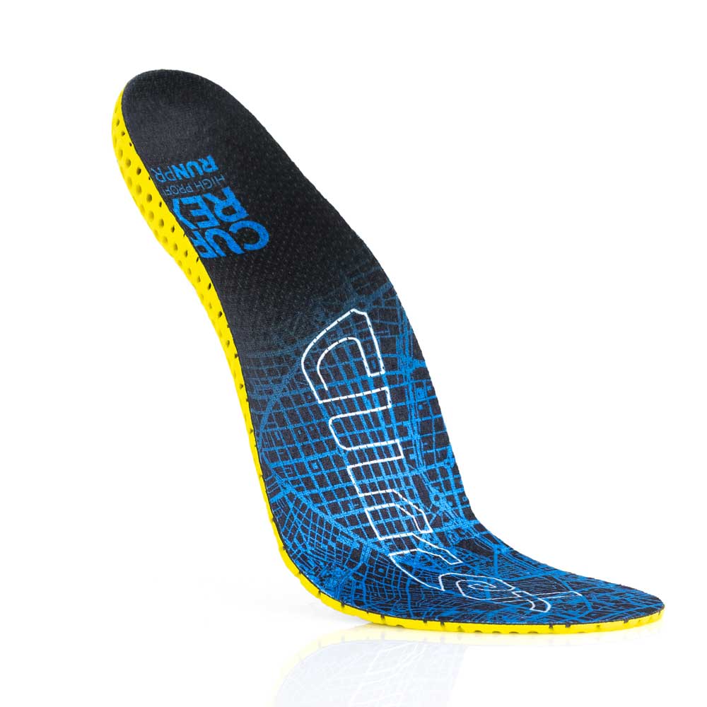 Vue de dessus flottante des semelles RUNPRO à profil haut de couleur bleue avec base jaune #1-choisissez-votre-profil_haut
