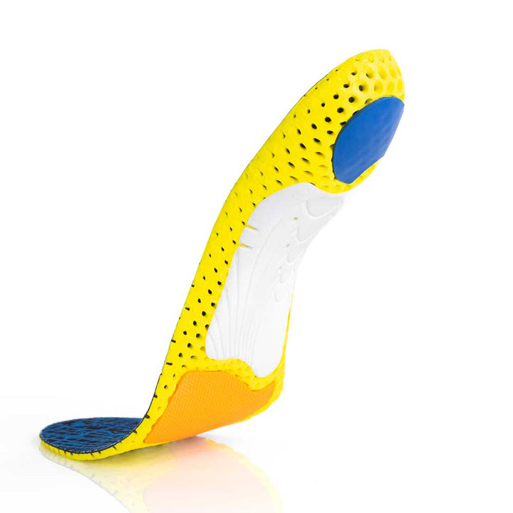 Vue de la base flottante de la semelle RUNPRO à profil haut avec support d'archaïsme blanc, coussinet de talon bleu, coussinet de métatarsien orange, base jaune #1-choix-de-ton-profil_haut