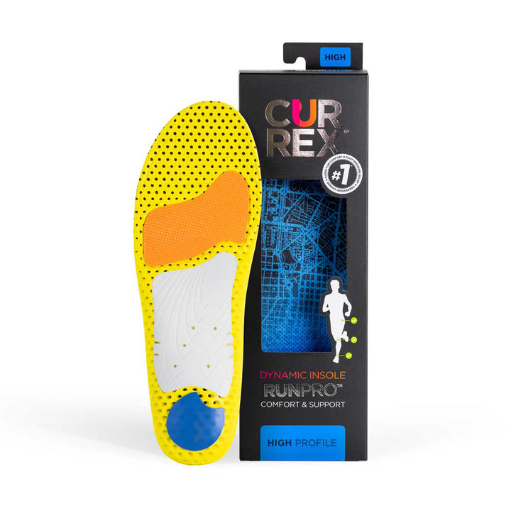 Semelle CURREX RUNPRO jaune, orange, blanche et base bleue près de la boîte noire avec semelle bleue à l'intérieur #1-choisir-son-profil_high