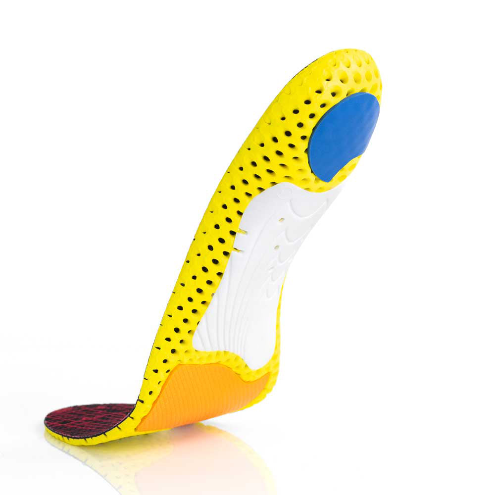 Vue de la base flottante de la semelle RUNPRO à profil bas avec support d'archaïsme blanc, coussinet de talon bleu, coussinet de métal orange, base jaune #1-choix-de-ton-profil_low