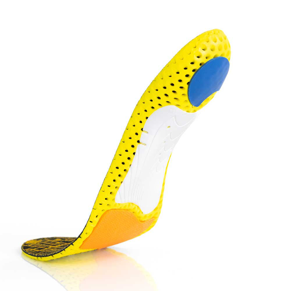 Vue de la base flottante de la semelle RUNPRO profil moyen avec support d'archaïsme blanc, coussinet de talon bleu, coussinet de métatarsien orange, base jaune #1-choix-de-ton-profil_med